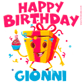 A funny animated birthday GIF with the words 'Happy Birthday Gionnia', colorful gift box with arms and legs, holding a cupcake with a lit candle  with confetti everywhere.