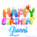 Animated GIF with colorful, festive 'Happy Birthday Gionni' text decorated with patterns, a party hat, and falling confetti. A vibrant and cheerful design for birthday celebrations.