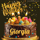 A delightful chocolate birthday cake with bright candles and 'Happy Birthday Giorgia' written in gold amidst a shower of animated stars.
