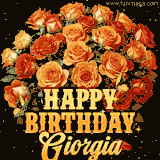 Animated bouquet of orange roses with moving butterfles and golden 'Happy Birthday Giorgia' text, surrounded by sparkling accents and a dark backdrop for a luxurious feel.