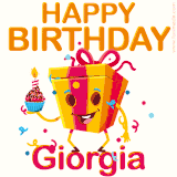 A vibrant and funny gift box character with a happy face dancing with a cupcake and the text 'Happy Birthday Giorgia,' surrounded by animated confetti and party vibes.