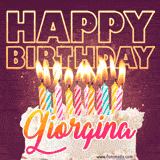 A colorful birthday cake topped with lit candles, with the words 'Happy Birthday Giorgina' in bold glowing letters on a burgundy background. Animated flames add a festive touch.