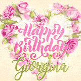 A stunning heart made of pink roses surrounds the elegant script text 'Happy Birthday Giorgina' on a soft beige background. Animated sparkles add a magical and festive feel.