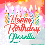 Bright birthday candles with rainbow flames on a cake, alongside the text 'Happy Birthday Giosetta' in vibrant script in this celebratory animated GIF.