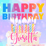 A vibrant animated name GIF with the words 'Happy Birthday Giosetta' with colorful candles on a creamy cake. The background sparkles with pastel shades, adding a festive touch.