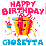 A vibrant and funny gift box character with a happy face dancing with a cupcake and the text 'Happy Birthday Giosetta,' surrounded by animated confetti and party vibes.