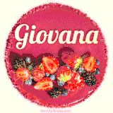 Beautifully decorated red velvet berry birthday cake with vibrant fruits and a glowing 'Giovana' name, adding a touch of sweetness and sparkle.