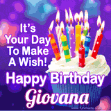 A colorful birthday GIF for Giovana featuring a cupcake with vibrant lit candles and the text 'It's Your Day to Make a Wish! Happy Birthday Giovana' in bold letters on a festive purple background.