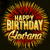 Golden 'Happy Birthday Giovana' text accompanied by animated rainbow fireworks for a festive animated greeting.