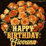 Animated bouquet of orange roses with moving butterfles and golden 'Happy Birthday Giovana' text, surrounded by sparkling accents and a dark backdrop for a luxurious feel.