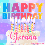 A vibrant animated name GIF with the words 'Happy Birthday Giovana' with colorful candles on a creamy cake. The background sparkles with pastel shades, adding a festive touch.