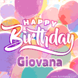 A vibrant name GIF featuring colorful balloons in shades of pink, orange, and yellow with the bold text 'Happy Birthday Giovana' in festive fonts, creating a lively birthday vibe.