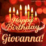 Beautifully decorated red velvet berry birthday cake with vibrant fruits and a glowing 'Giovanna' name, adding a touch of sweetness and sparkle.