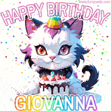 Adorable party-themed animated cat next to a lit birthday cake with text that says 'Happy Birthday Giovanna,' surrounded by colorful decorations and sparkles.