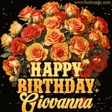 Animated bouquet of orange roses with moving butterfles and golden 'Happy Birthday Giovanna' text, surrounded by sparkling accents and a dark backdrop for a luxurious feel.