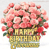 Golden 'Happy Birthday Giovanna' text beneath a vibrant bouquet of orange roses, complete with glittering butterflies and sparkling details.