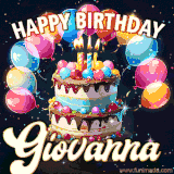 Bright birthday animation for Giovanna with a chocolate cake, candles, balloons, and glowing celebratory lights.