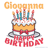 Cartoon birthday cake with a red bow, glowing candles, and 'Giovanna Happy Birthday' text in bold animated style.