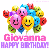 Animated colorful and joyful birthday balloons with cheerful smiles and a bright 'Happy Birthday Giovanna!' message in pink and purple.