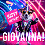 Animated GIF of a cool dog wearing a suit and sunglasses, holding a 'Happy Birthday' sign for Giovanna, set against a bright and colorful neon party background.