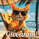 An animated orange cat wearing sunglasses, sitting on a beach chair with a tropical drink, with a festive 'Happy Birthday Giovanna!' message.