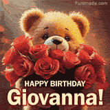 Cinematic style cute animated teddy bear with charming features holding a large bouquet of red roses, the words say 'Happy Birthday Giovanna' in sans serif font.