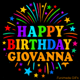 Personalized greeting card with name, colorful text that says 'Happy Birthday Giovanna' surrounded by animated fireworks and multicolor stars