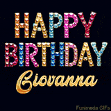 Vibrant luxury birthday greeting card for Giovanna, showing glittering gemstone letters and golden calligraphy on a dark background with twinkling shine effects.