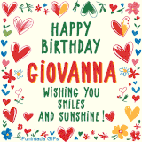 A colorful animated card for Giovanna’s birthday featuring playful hearts, cheerful flowers, and a handwritten message wishing smiles and sunshine.