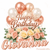 Elegant 3D rose gold text saying Happy Birthday Giovanna surrounded by balloons