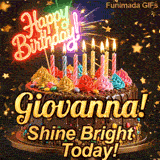 Shimmering animated card featuring a detailed chocolate cake and the name Giovanna for her birthday celebration.