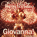 Shimmering animated card with metallic red and gold balloons floating over a red gift package for Giovannas celebration.