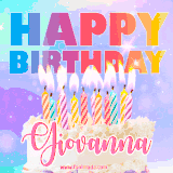 A vibrant animated name GIF with the words 'Happy Birthday Giovanna' with colorful candles on a creamy cake. The background sparkles with pastel shades, adding a festive touch.