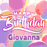A vibrant name GIF featuring colorful balloons in shades of pink, orange, and yellow with the bold text 'Happy Birthday Giovanna' in festive fonts, creating a lively birthday vibe.
