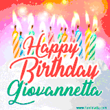 Bright birthday candles with rainbow flames on a cake, alongside the text 'Happy Birthday Giovannetta' in vibrant script in this celebratory animated GIF.