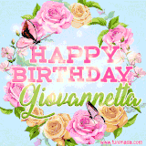 A charming animated GIF featuring 'Happy Birthday Giovannetta' in pink and green text, surrounded by delicate roses, leaves, and fluttering butterflies on a soft light blue pastel background.