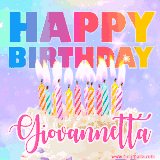 A vibrant animated name GIF with the words 'Happy Birthday Giovannetta' with colorful candles on a creamy cake. The background sparkles with pastel shades, adding a festive touch.