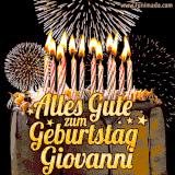 A chocolate birthday cake with glowing candles, the German text 'Alles Gute zum Geburtstag Giovanni,' and vibrant fireworks lighting up the background in an animated GIF.