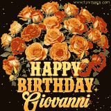 Animated bouquet of orange roses with moving butterfles and golden 'Happy Birthday Giovanni' text, surrounded by sparkling accents and a dark backdrop for a luxurious feel.