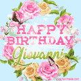 A charming animated GIF featuring 'Happy Birthday Giovanni' in pink and green text, surrounded by delicate roses, leaves, and fluttering butterflies on a soft light blue pastel background.
