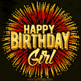Golden 'Happy Birthday Girl' text accompanied by animated rainbow fireworks for a festive animated greeting.