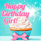 A festive cupcake with pink icing, a gingham bow, and a lit animated sparkler, paired with 'Happy Birthday Girl!' in bright pink text.