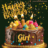 A delightful chocolate birthday cake with bright candles and 'Happy Birthday Girl' written in gold amidst a shower of animated stars.