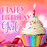 A vibrant birthday GIF featuring a rainbow-colored cupcake topped with white frosting, sprinkles, and a lit candle. The text reads 'Happy Birthday Girl' in bold pink and violet letters with white outline.