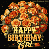 Animated bouquet of orange roses with moving butterfles and golden 'Happy Birthday Girl' text, surrounded by sparkling accents and a dark backdrop for a luxurious feel.