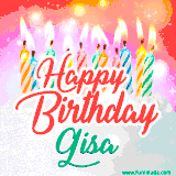 Bright birthday candles with rainbow flames on a cake, alongside the text 'Happy Birthday Gisa' in vibrant script in this celebratory animated GIF.