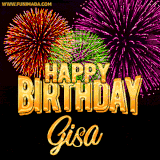 A golden 'Happy Birthday Gisa' message with vibrant fireworks in the background, creating a festive and celebratory vibe in this animated name GIF.