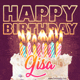 A colorful birthday cake topped with lit candles, with the words 'Happy Birthday Gisa' in bold glowing letters on a burgundy background. Animated flames add a festive touch.