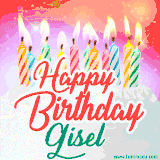 Bright birthday candles with rainbow flames on a cake, alongside the text 'Happy Birthday Gisel' in vibrant script in this celebratory animated GIF.