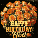 Animated bouquet of orange roses with moving butterfles and golden 'Happy Birthday Gisel' text, surrounded by sparkling accents and a dark backdrop for a luxurious feel.